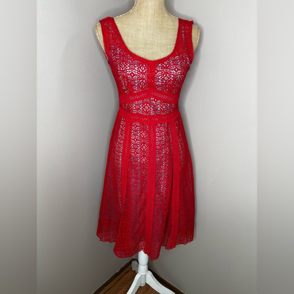Nanette Lepore Red Lace Scoop-Neck Mini Dress Teal Lining Size 0 Made in USA